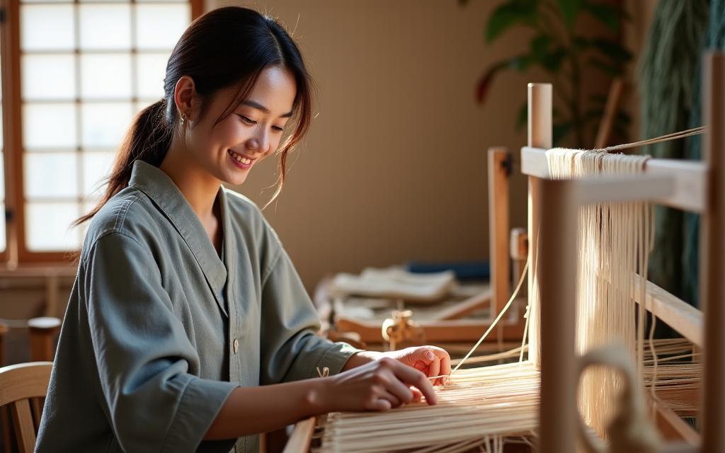 伝統的な手織り機で織物をする参加者の笑顔