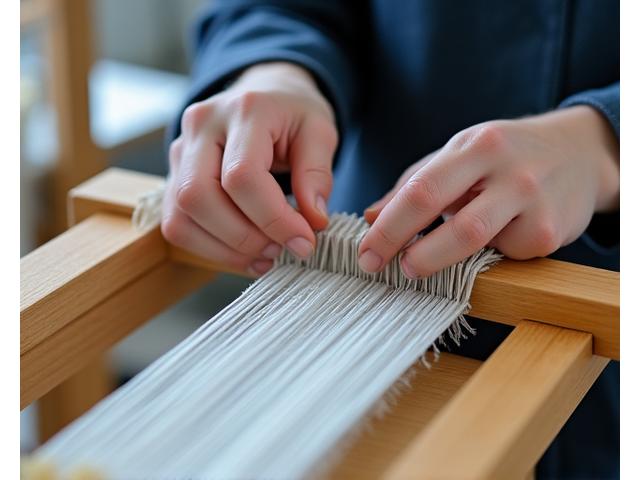 手織り機に慎重に糸をセットする様子